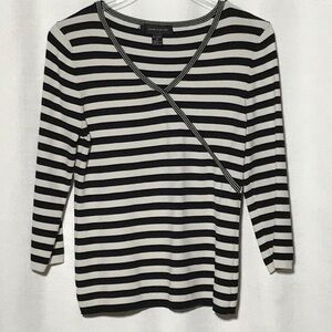 Cable & Gauge Black and White Striped Wrap-Front Long Sleeve Top